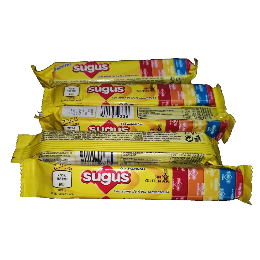 5x Sugus (5 flavors) Chewy Sweet Candy Fruit Juice Fun 5x45g cherry orange lemon