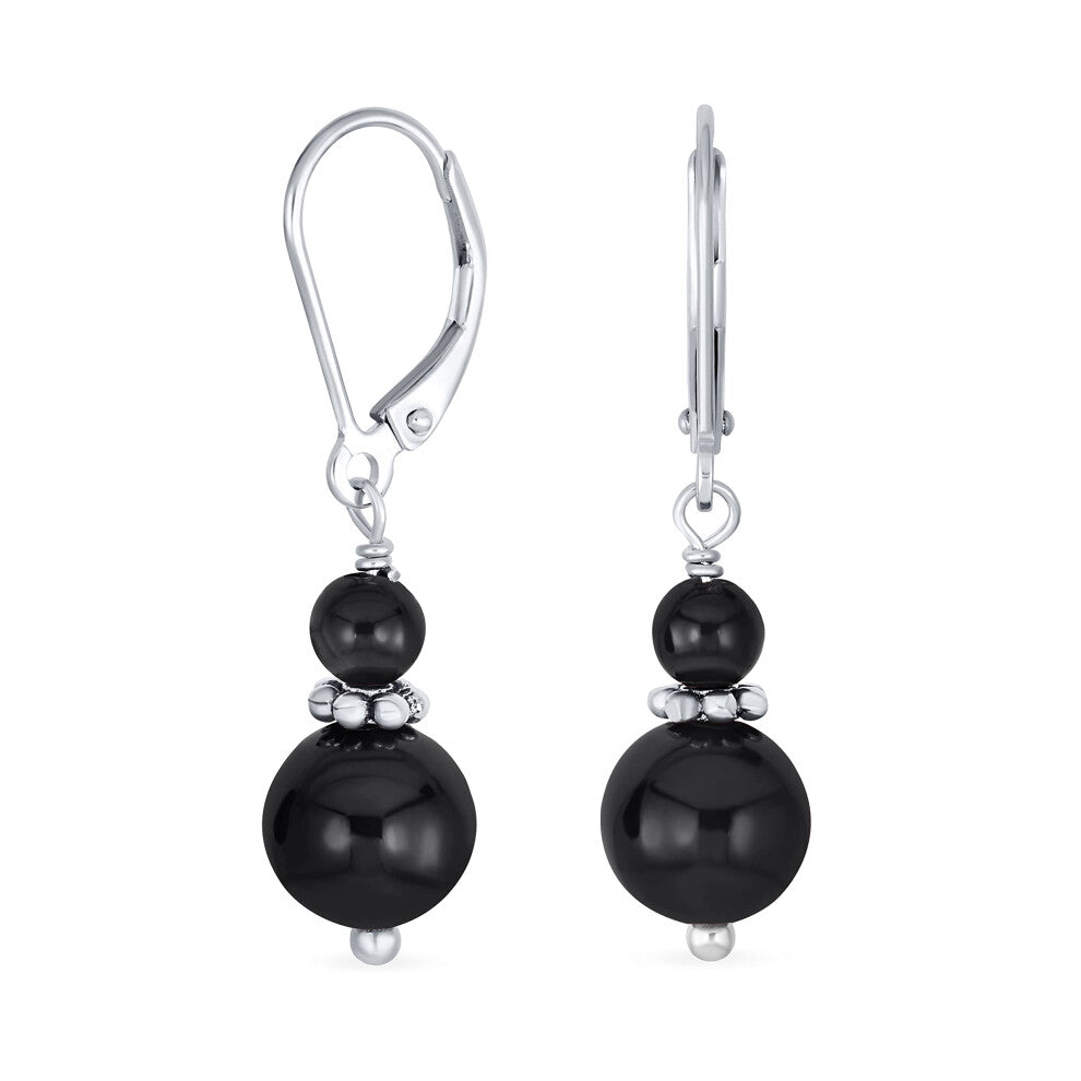 Gemstone Natural Black Onyx Boho Bali Milgrain Edged Beaded Rondel Separator Double Ball Round Drop Dangle Earrings For Women Teen .925 Sterling