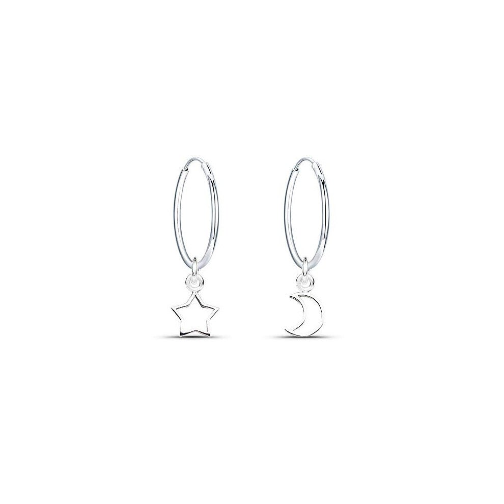 Epoch World 925 Sterling Silver Earrings Dangle Drop Moon and Star Hoop Earrings Diameter 16mm Sleeper Hoops Earrings for Women Girls