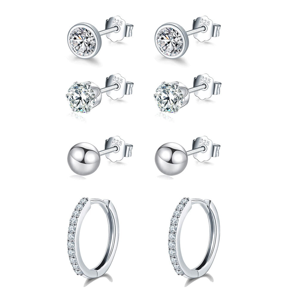 wynn's Silver Earrings for Women, 925 Sterling Silver Stud Earrings, Cubic Zirconia Small Sleepers Studs Hoops Earrings, 4mm Stud Earrings + 12mm Hoop