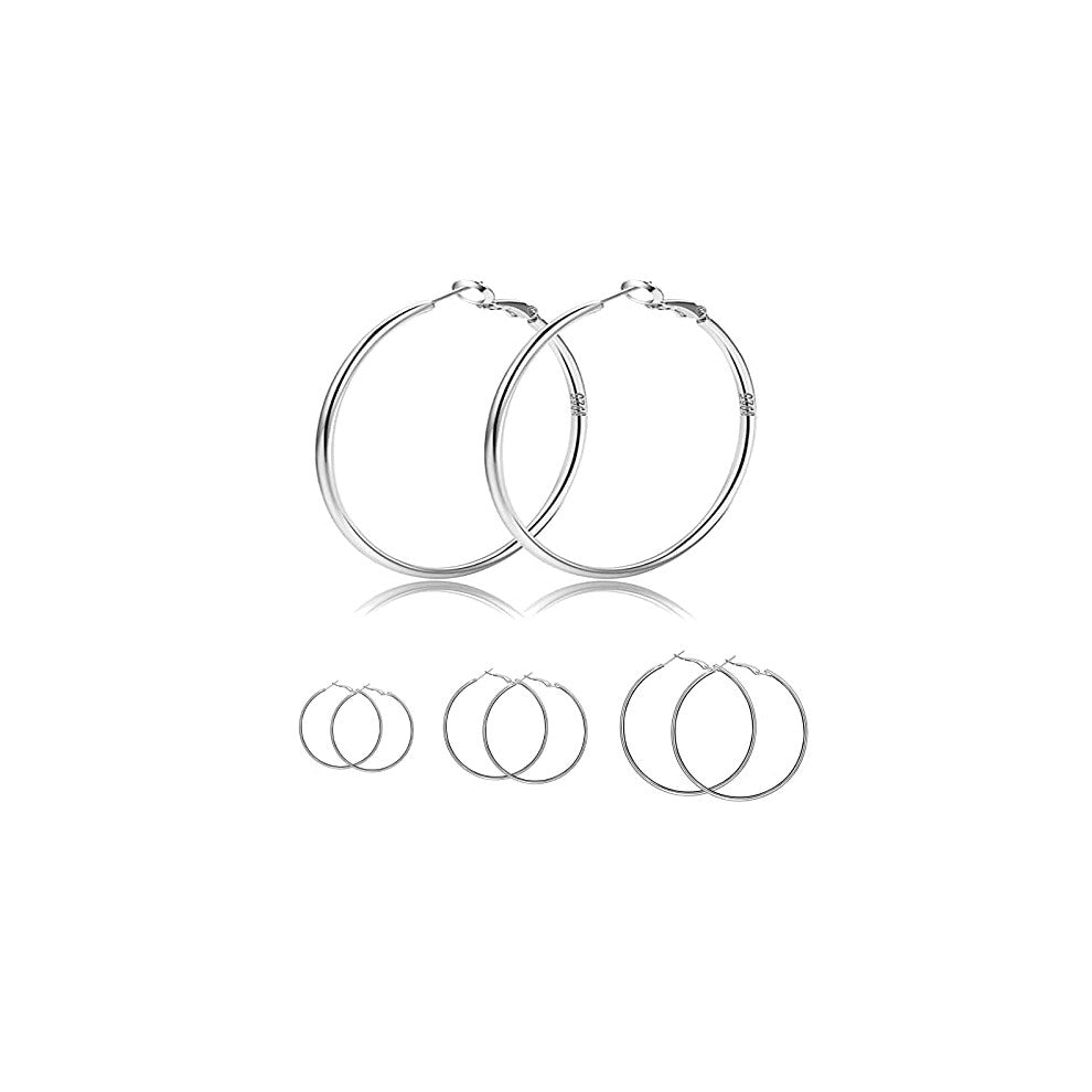Silver Hoops Earrings for Women, 4 Pairs S925 Silver Thin Hoop Earrings Set, Hypoallergenic Oversize Earrings Jewelry for Women Girls Birthday(Size: