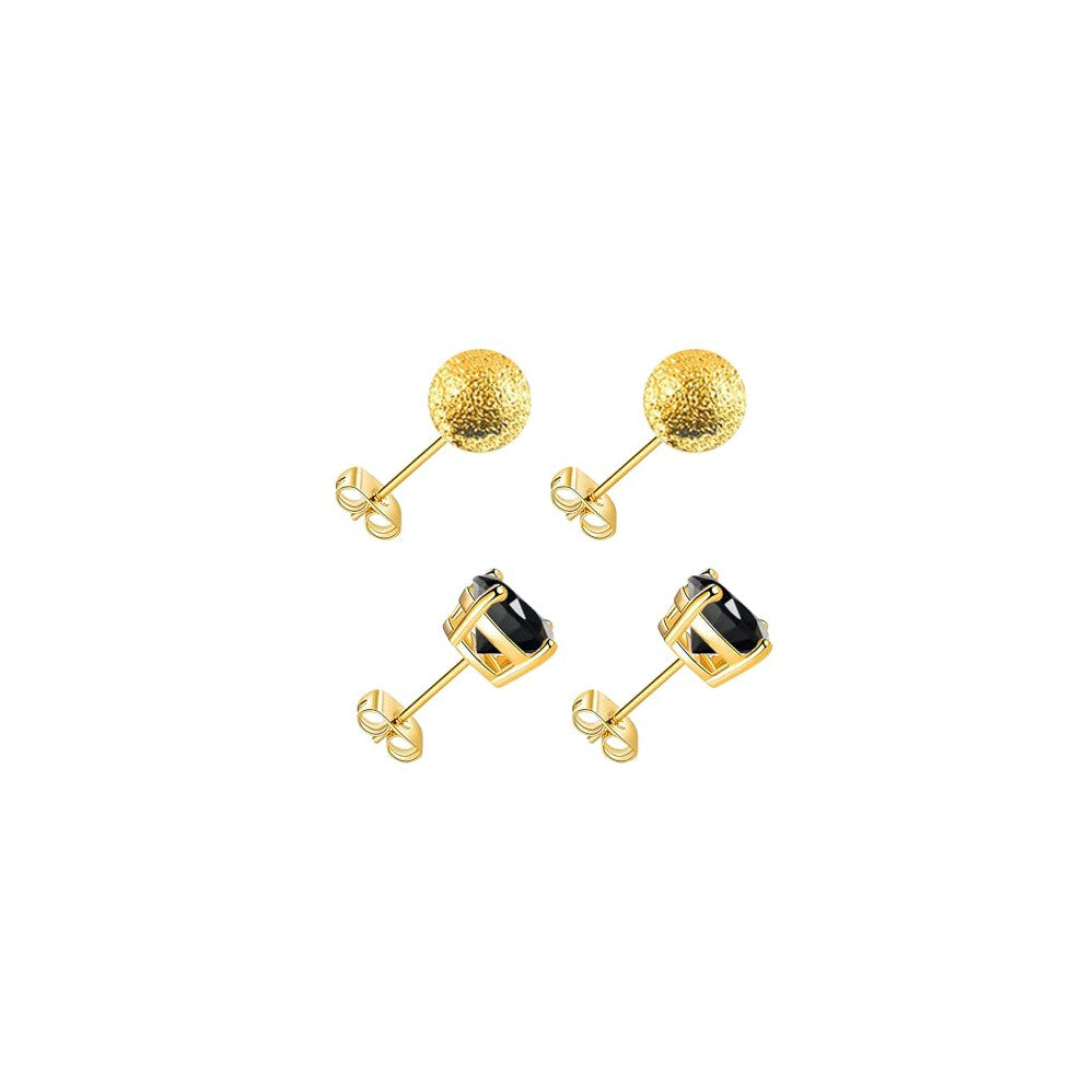 Yumay 9CT Gold Plated 2 Pairs Black Crystal Stud Earrings-Ball studs for Women-Girls.
