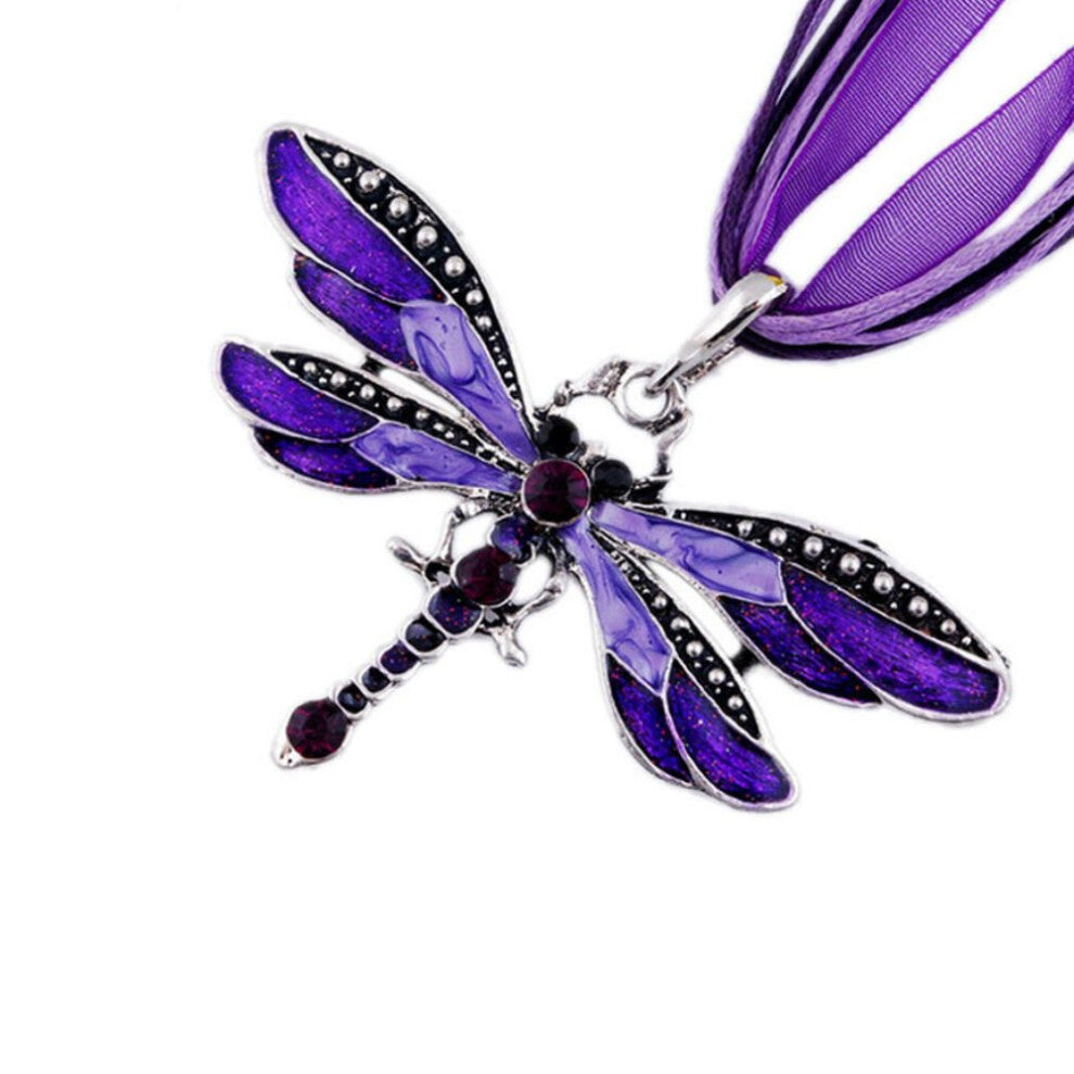 AKOAK Fashion Creative Bohemian Jewelry Ethnic Multi-layer Chain Colorful Enamel Dragonfly Pendant Necklace?Purple?