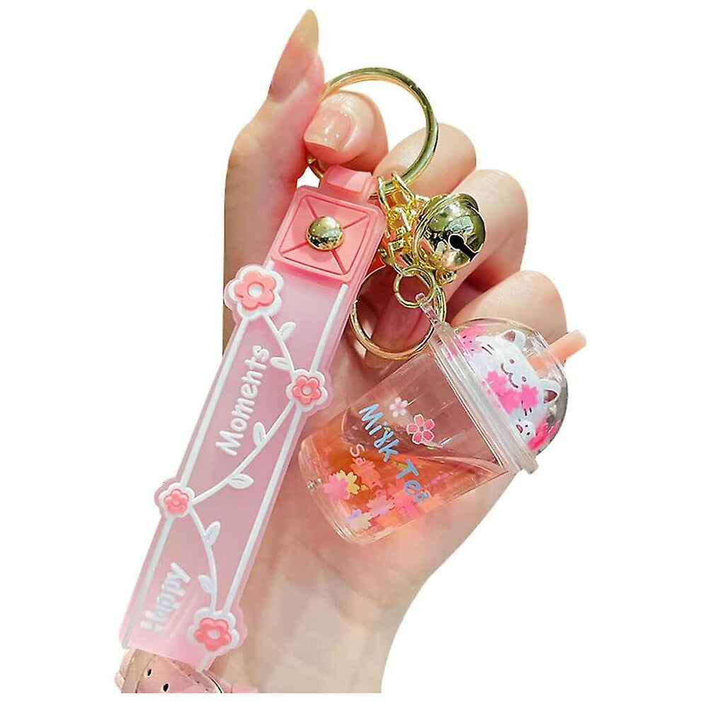 Girls Women Keychain, Summer Beautiful Flower Milk Tea Bubble Tea Lucky Fortune Cat Cup Moving Sand Liquid Keyrings, Acrylic Car Key Chain Key Ring Ba
