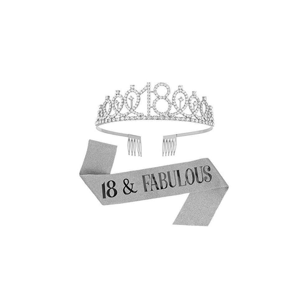 "18 and Fabulous Sash and Rhinestone Tiara Set,18th Birthday Gifts Birthday Sash for Women Birthday Party Supplies( Silver)