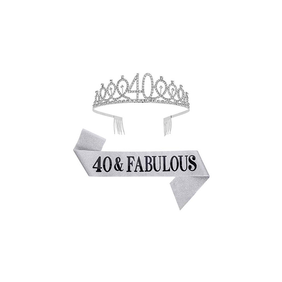 "40 and Fabulous Sash and Rhinestone Tiara Set,40th Birthday Gifts Birthday Sash for Women Birthday Party Supplies( Silver)