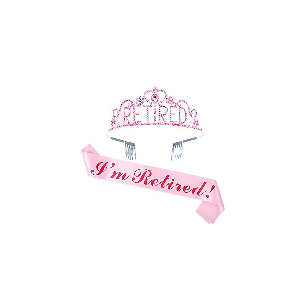 Retirement Tiara and Sash Set - I'm Retired Pink Stain Sash Crystal Crown Retirement Gift for Women Retirement Party Decorations