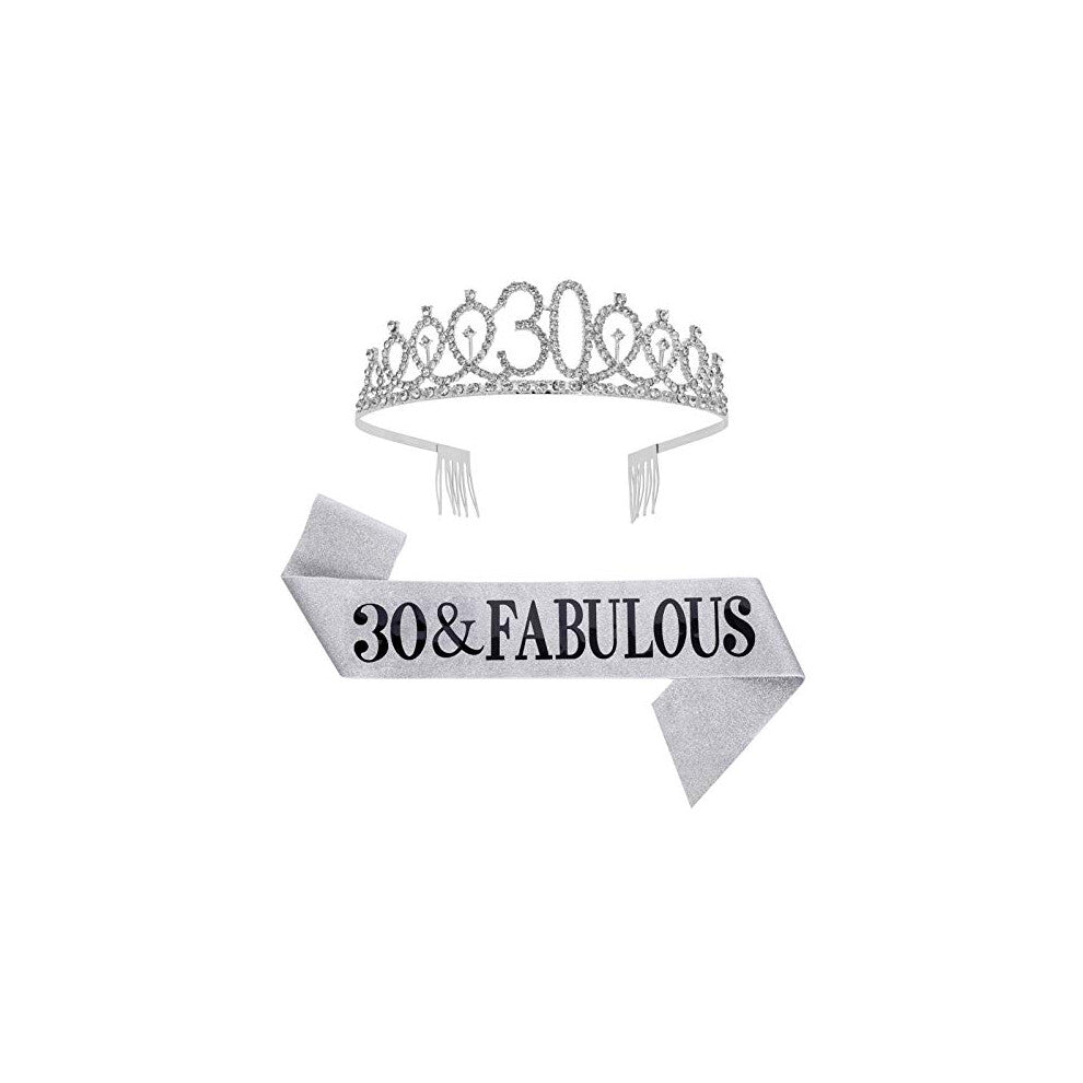 "30 and Fabulous Sash and Rhinestone Tiara Set,30th Birthday Gifts Birthday Sash for Women Birthday Party Supplies( Silver)