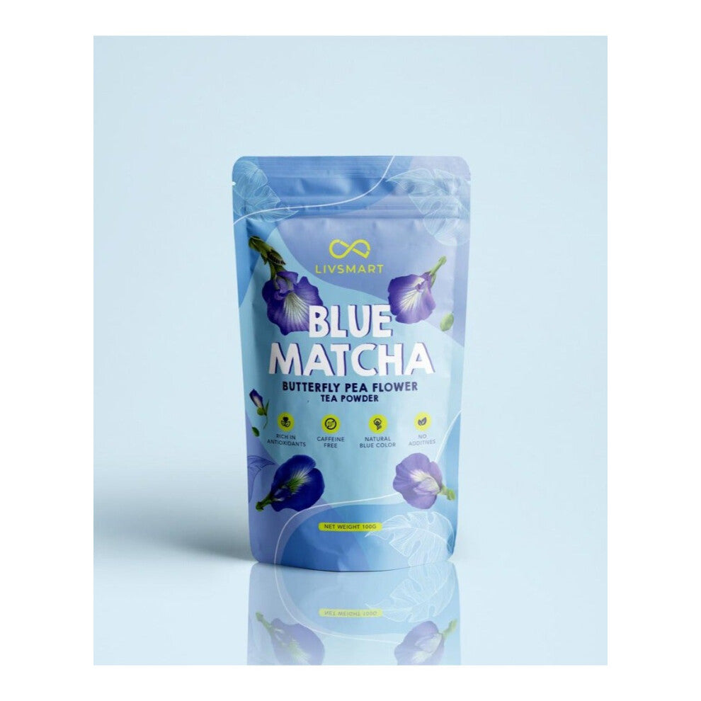 Livsmart Blue Matcha Butterfly Pea Tea Powder (100g, 50 servings) - Caffeine-Free Antioxidant-Rich Nootropic for Energy & Weight Support