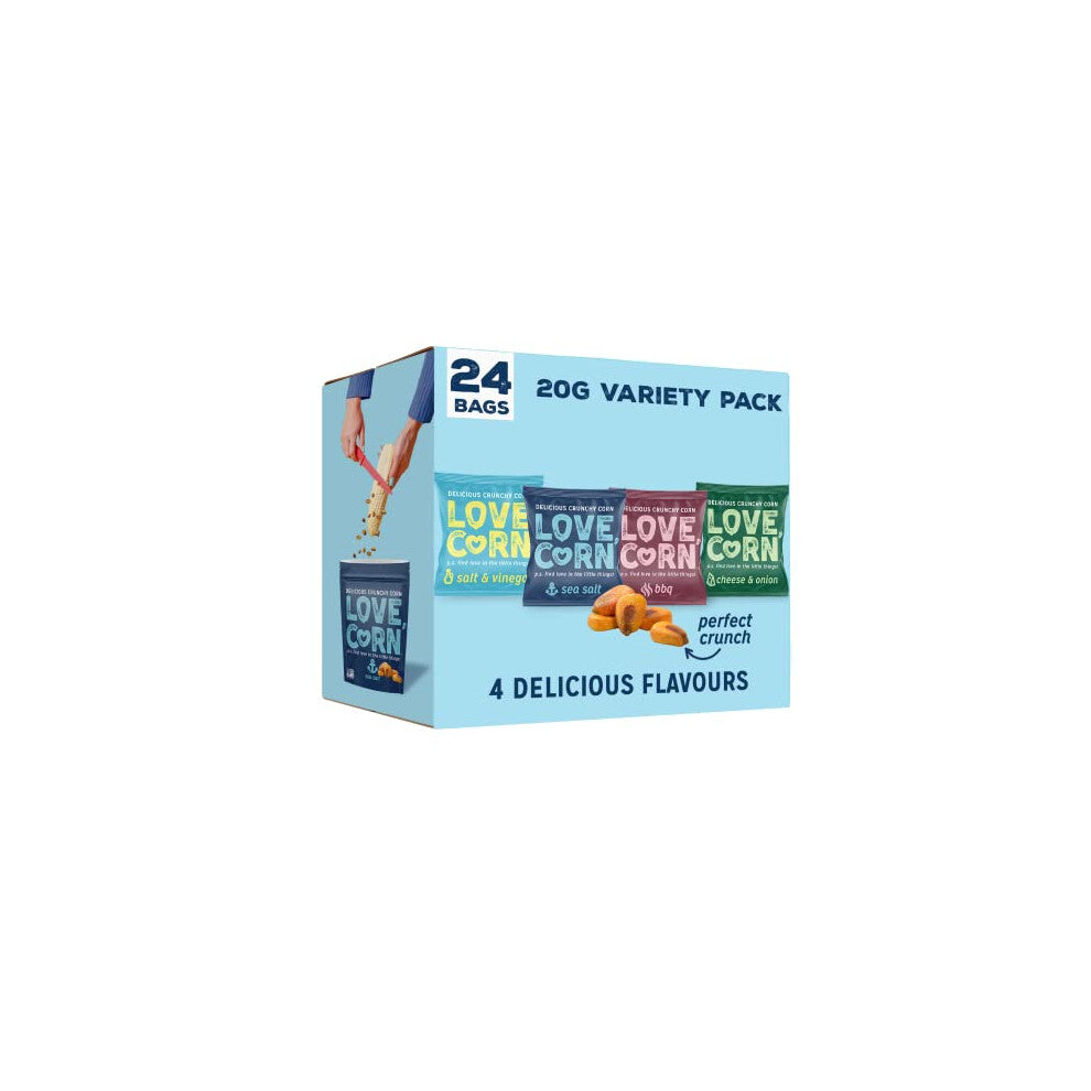 LOVE CORN Variety Pack (6x Sea Salt, 6x BBQ, 6x Salt & Vinegar, 6x Cheese & Onion 20g) ? Healthy Snacks Ideal for Gluten Free & Vegan Diets ? Low