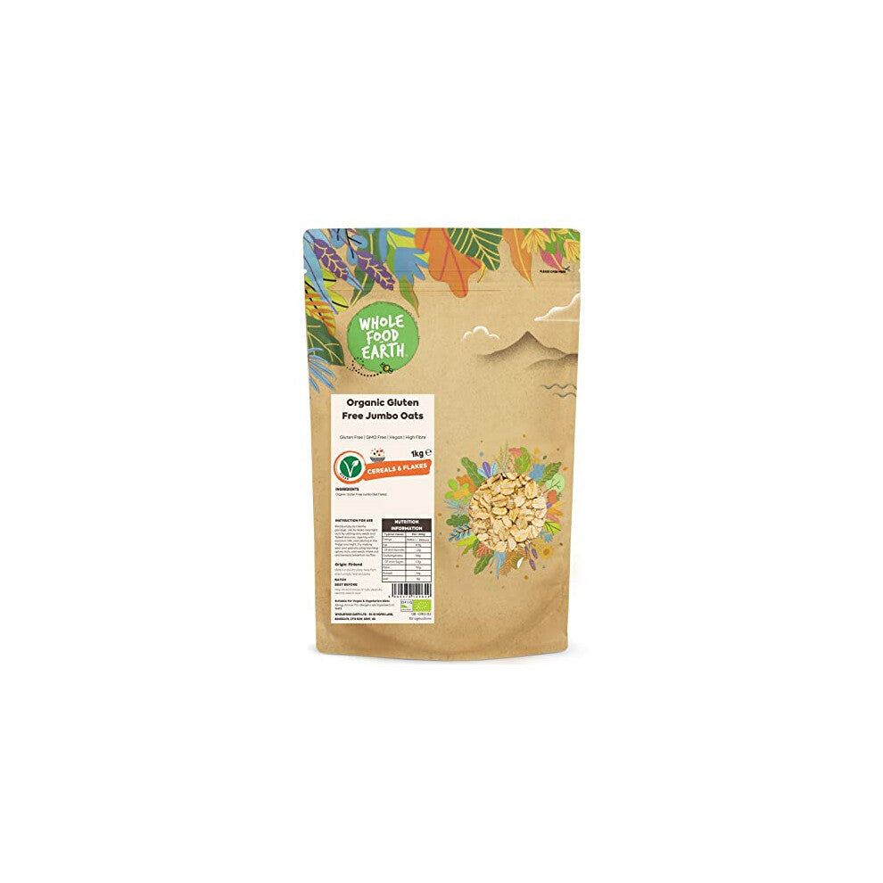 Wholefood Earth Organic Gluten Free Jumbo Oats ? 1 kg | GMO Free | Vegan | High Fibre | Certified Organic