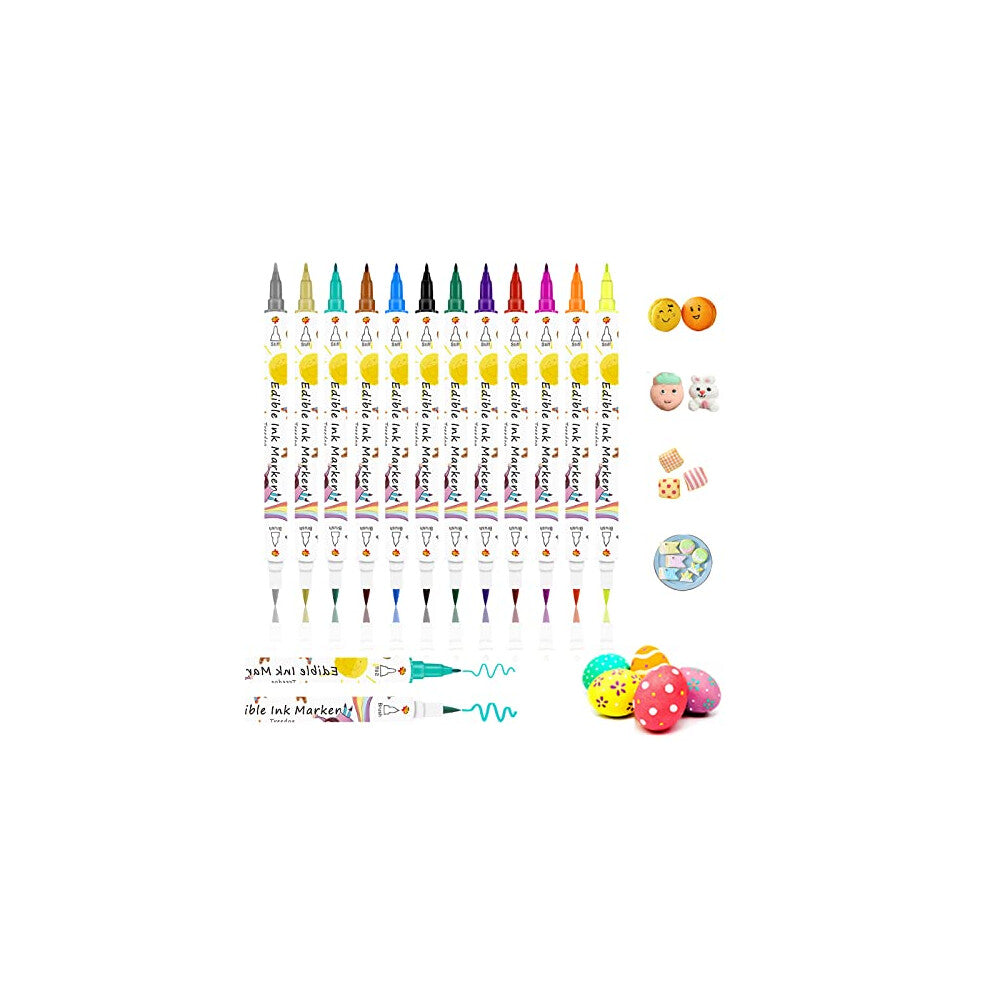 Edible Food Colouring Pens 12Pcs,Dual Sided Food Grade Icing Pens and Edible Markers with Fine&Thick Tip,Edible Food Pens Gourmet Writers for