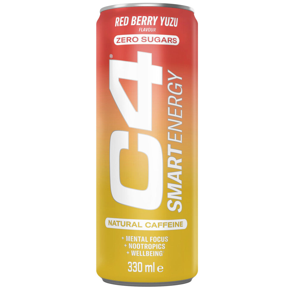 C4 Smart Energy Drinks Red Berry Yuzu 330ml (12 pack) | Sugar Free Energy Drink with 106mg Natural Caffeine, Brainberry, Nootropics, Vitamin C |