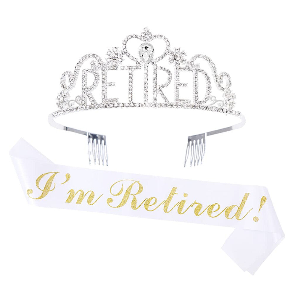 Retirement Tiara and Sash Set - I'm Retired White & Gold Glittery Stain Sash Silver Crystal Crown Retirement Gift for Women Retirement Party