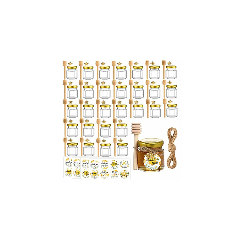 Mini Glass Honey Jars, 1.5 oz Hexagon Honey Jars with Wooden Dipper, Gold Lids, Gold Bee Pendants, Jutes, Bee Stickers, 30 Pack Honey Jars Perfect for
