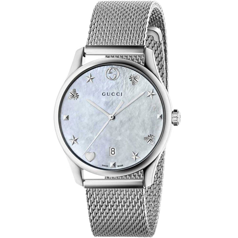 Gucci G-Timeless 36mm Ladies Watch - Stainless Steel, Mesh Bracelet, Mother-of-Pearl Dial with Star, Bee & Heart Markers, 30M, Ced-49106008899903