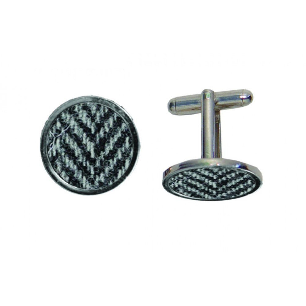 Black & Grey Harris Tweed Round T-Bar Cufflinks