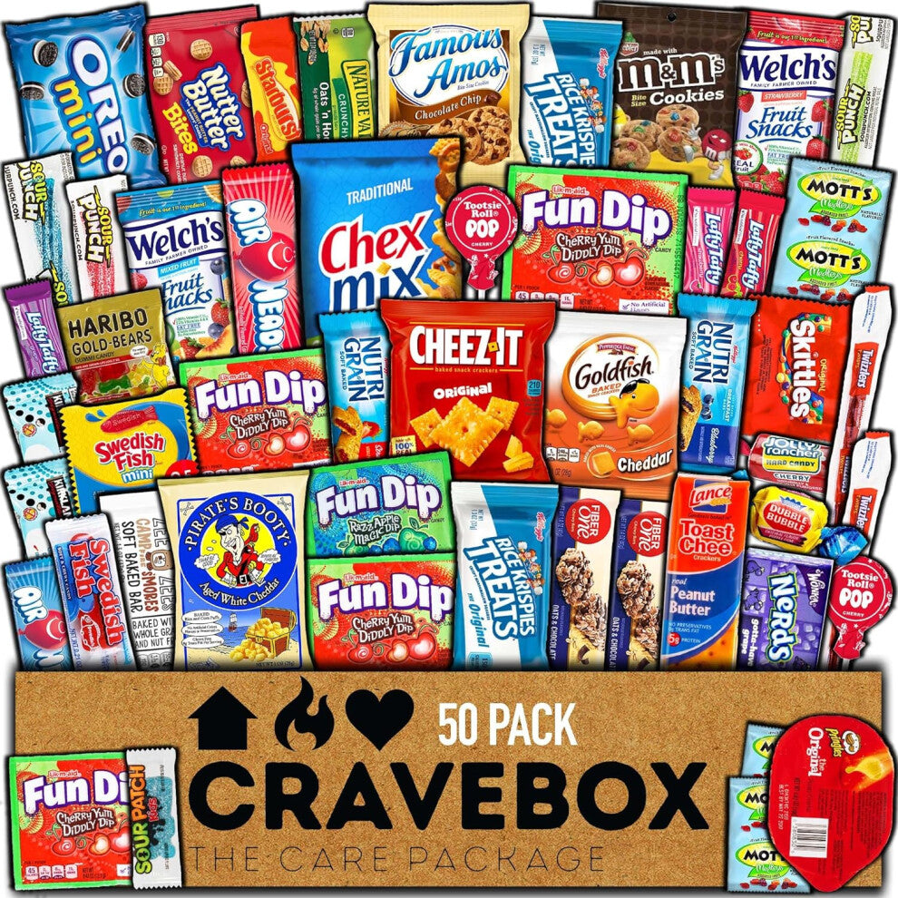 CRAVEBOX Snack Box (50 Count) Variety Pack Gift Care Package Basket Adult Kid Guy Girl Women Men Birthday College Student Office Back to School