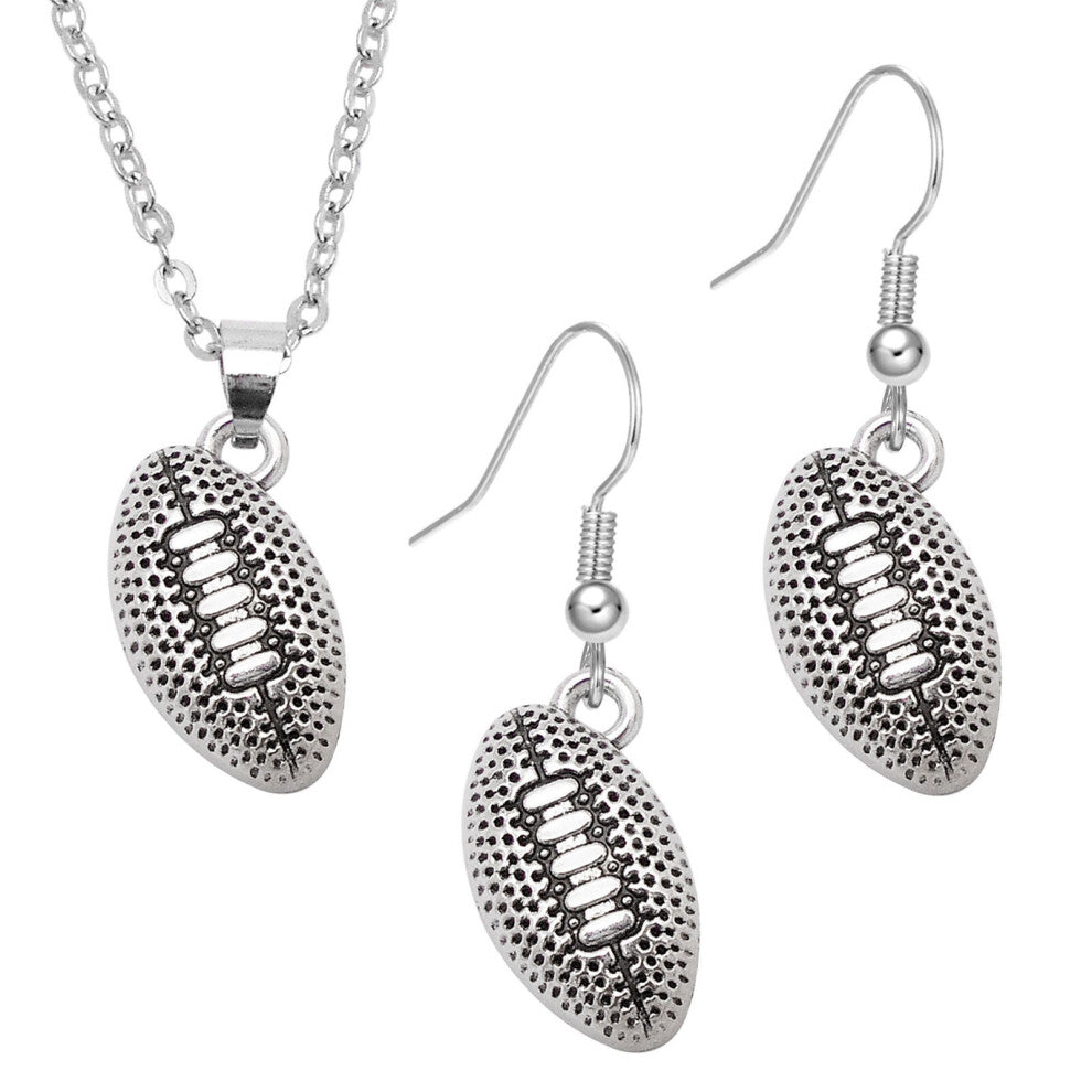 Women Men Sports Ball Dangle Earrings Pendant Alloy Jewelry Set Silver Necklace-1 set Rugby 1#-