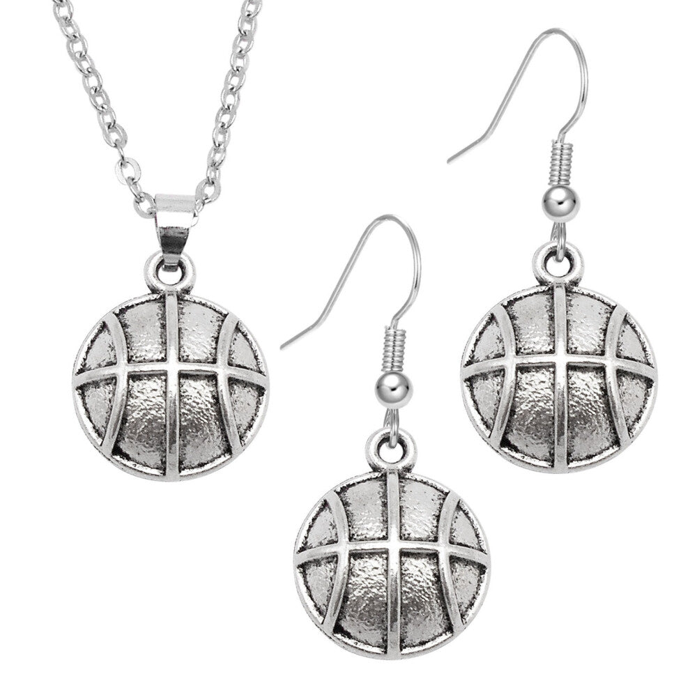 Women Men Sports Ball Dangle Earrings Pendant Alloy Jewelry Set Silver Necklace-1 set Basketball 1#-