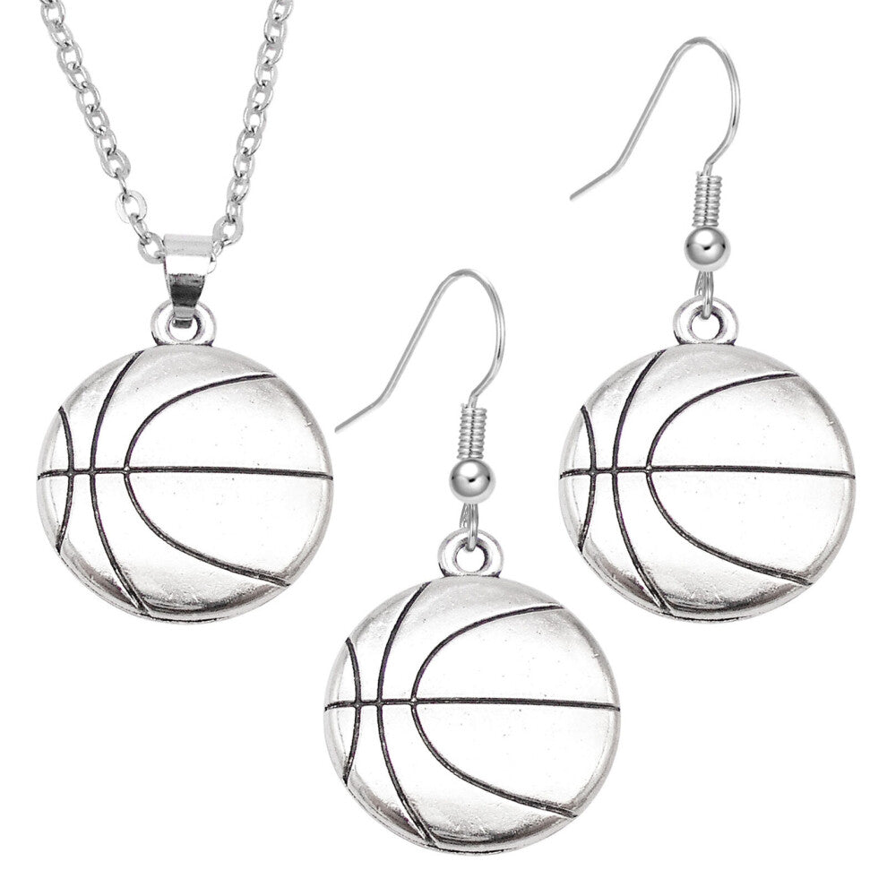 Women Men Sports Ball Dangle Earrings Pendant Alloy Jewelry Set Silver Necklace-1 set Basketball 2#-