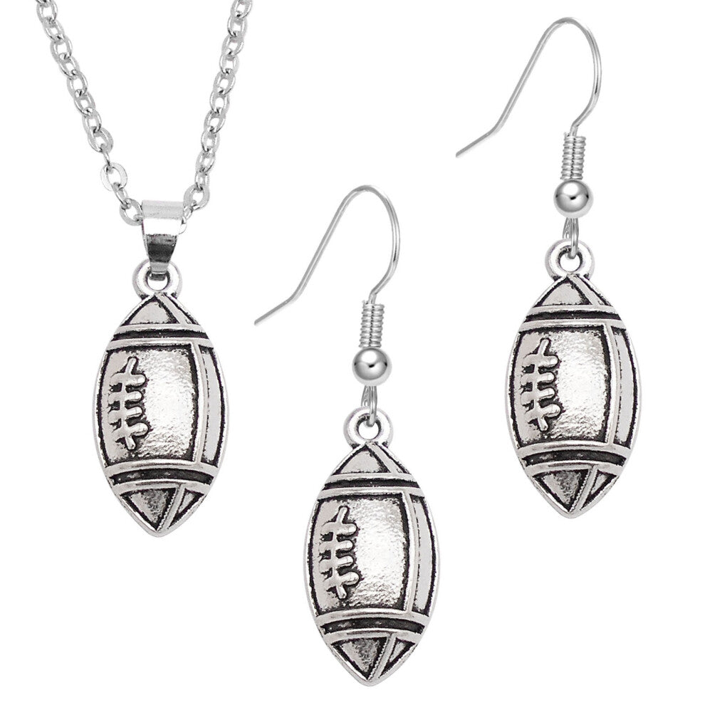 Women Men Sports Ball Dangle Earrings Pendant Alloy Jewelry Set Silver Necklace-1 set Rugby 2#-