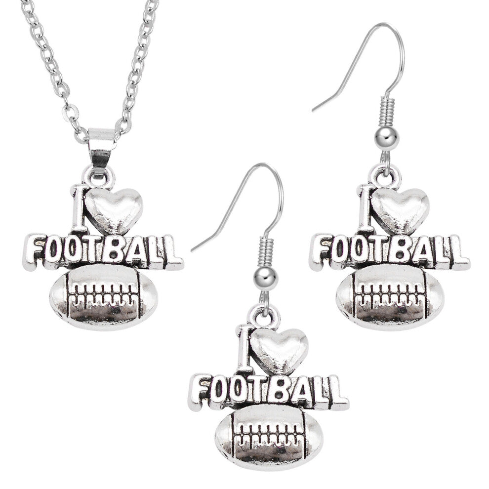 Women Men Sports Ball Dangle Earrings Pendant Alloy Jewelry Set Silver Necklace-1 set American Football-