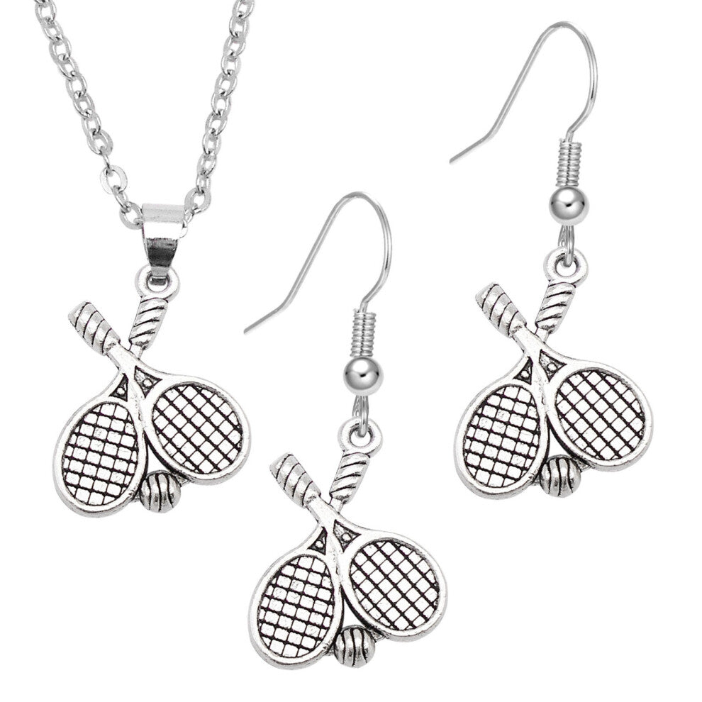 Women Men Sports Ball Dangle Earrings Pendant Alloy Jewelry Set Silver Necklace-1 set Tennis Racket-