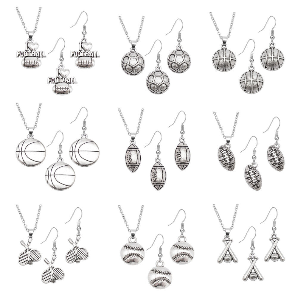 Women Men Sports Ball Dangle Earrings Pendant Alloy Jewelry Set Silver Necklace-9 Jewelry Sets-