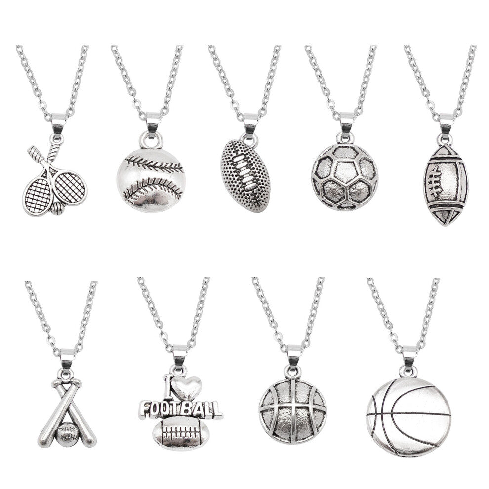 Women Men Sports Ball Dangle Earrings Pendant Alloy Jewelry Set Silver Necklace-9 sets Pendants-