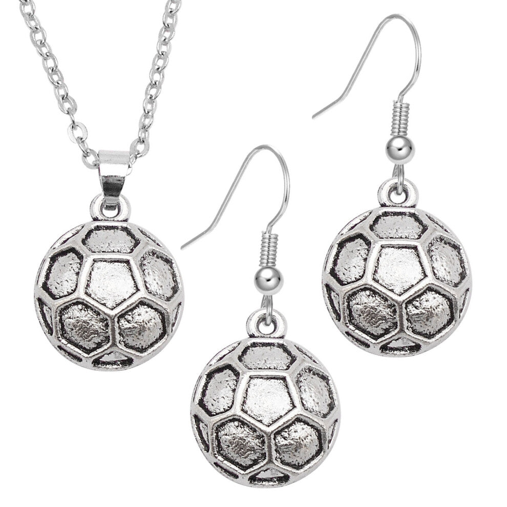 Women Men Sports Ball Dangle Earrings Pendant Alloy Jewelry Set Silver Necklace-1 set Football-