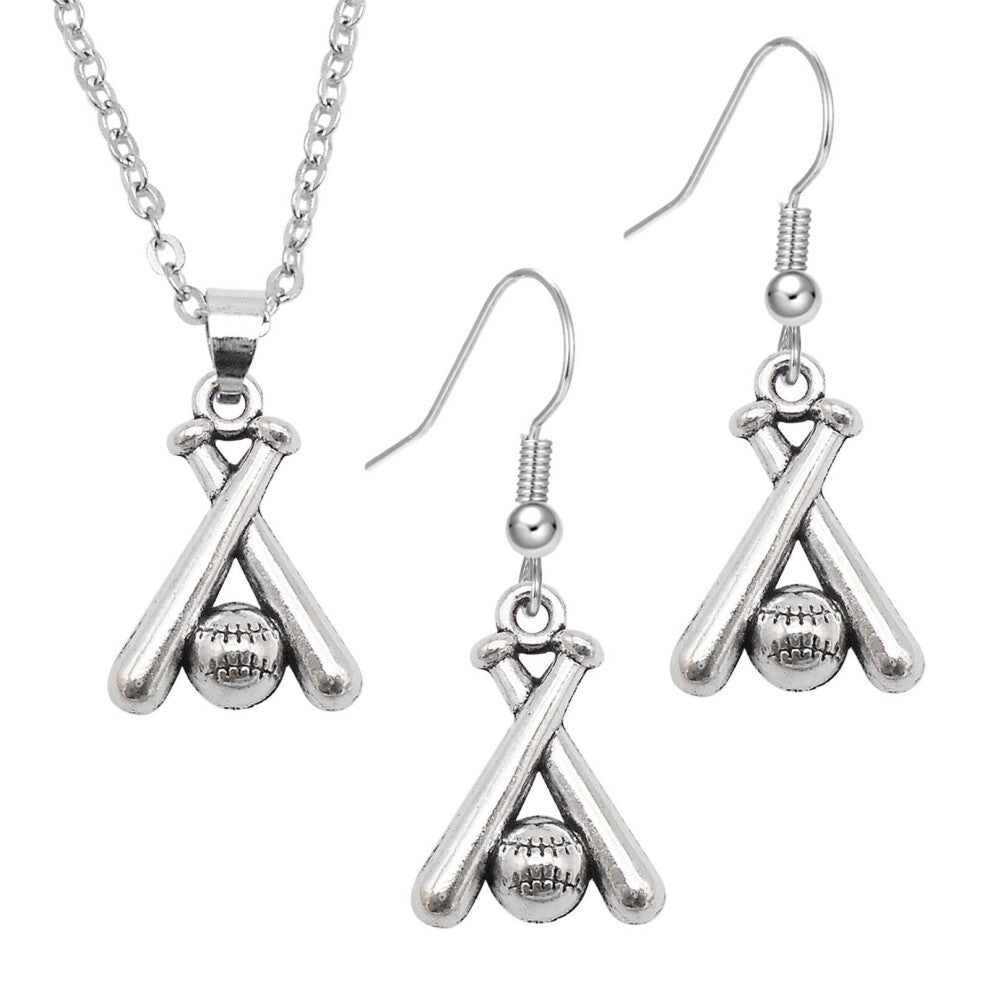Women Men Sports Ball Dangle Earrings Pendant Alloy Jewelry Set Silver Necklace-1 set Baseball-