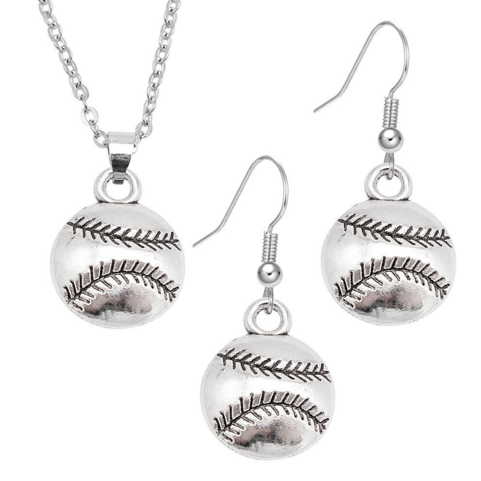 Women Men Sports Ball Dangle Earrings Pendant Alloy Jewelry Set Silver Necklace-1 set Softball-