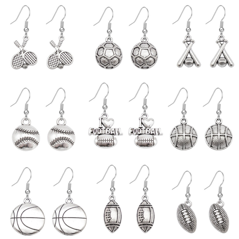 Women Men Sports Ball Dangle Earrings Pendant Alloy Jewelry Set Silver Necklace-9 sets Earrings-