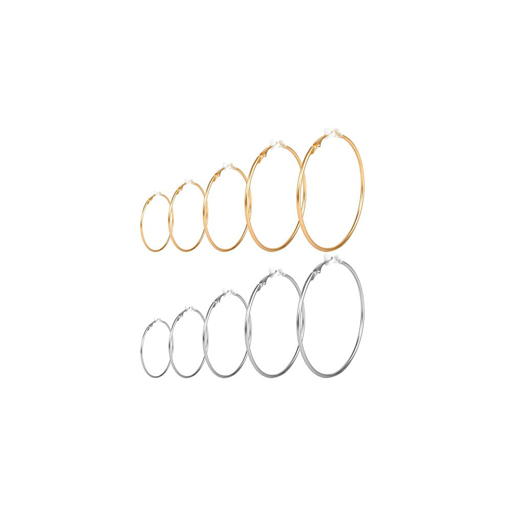 Anruyi 10 Pairs Clip On Hoop Earrings, Fake Earrings Hoops Multi Size Spring Hoop Earrings Non Pierced Earrings Lip Ear Clip for Women and Girls, Gold