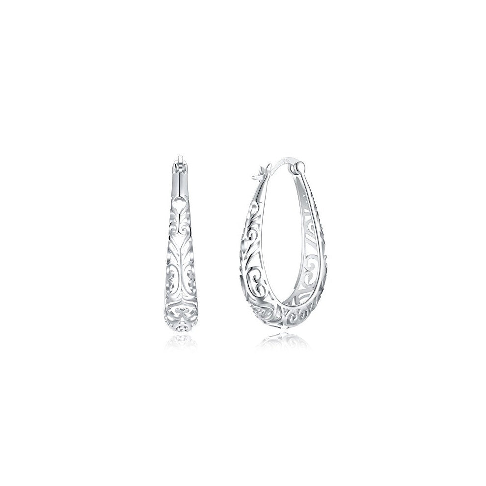 Vintage Filigree 925 Sterling Silver Small Hoop Earrings for Women Girls Fashion Oval Hollow-out Texture Flower Dainty Huggie Hoops Hypoallergenic