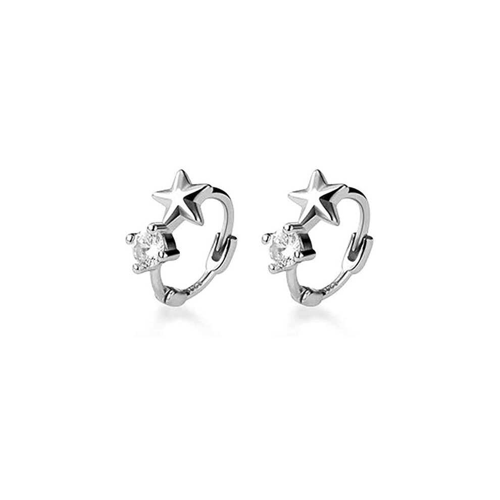 Cute CZ Star Cartilage Mini Tiny Cuff Small Hoop Earrings for Women Teen Girls Sensitive Ear S925 Sterling Silver Dainty Tragus Huggie Hoops