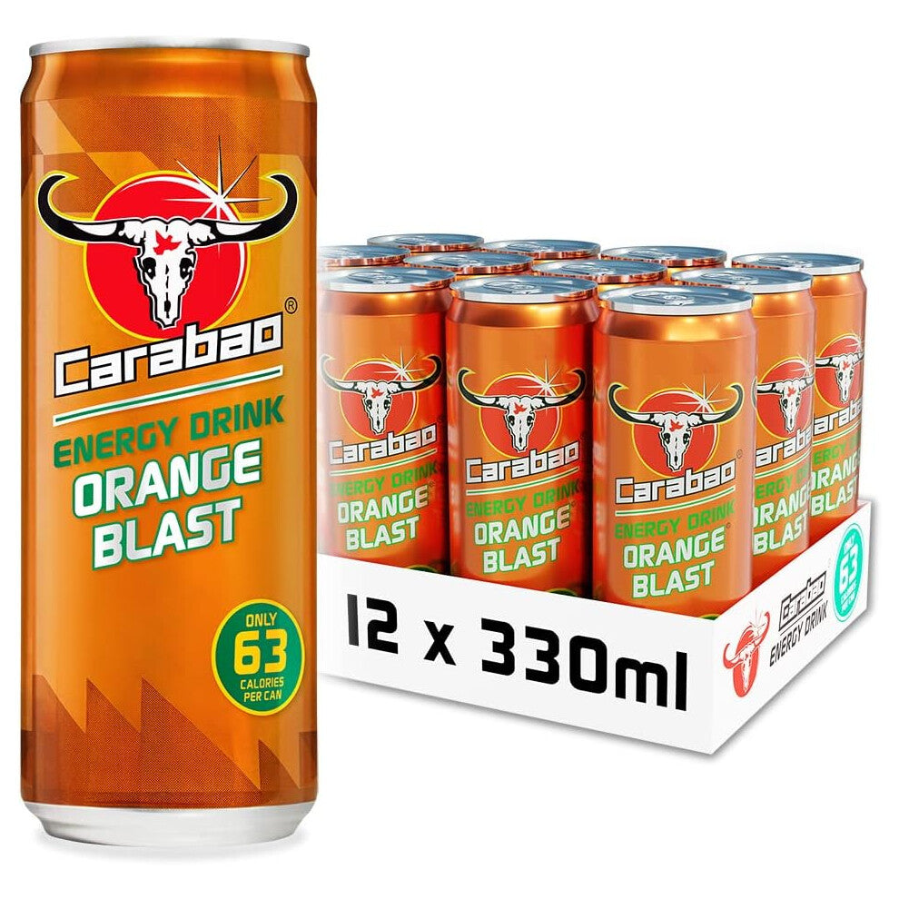 Carabao Energy Drink Orange Blast 12 x 330ml Cans Case Low CalorieLower Sugar Fizzy Fruit Flavour Vegan Vitamins Caffeine with Zero Cras Bulk Crates