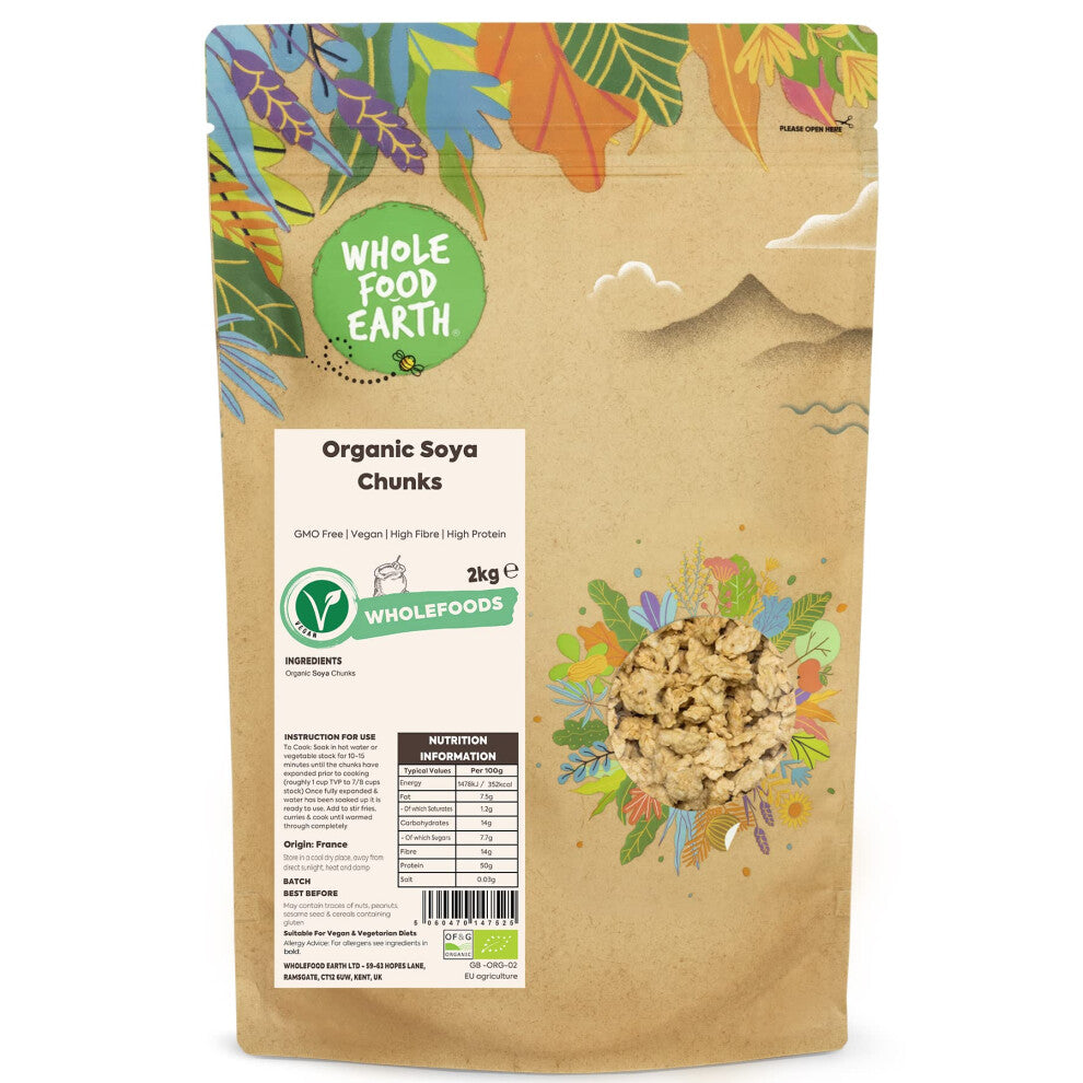 Wholefood Earth Organic Soya Chunks 2kg GMO Free | Vegan | High Fibre | High Protein | Certified Organic