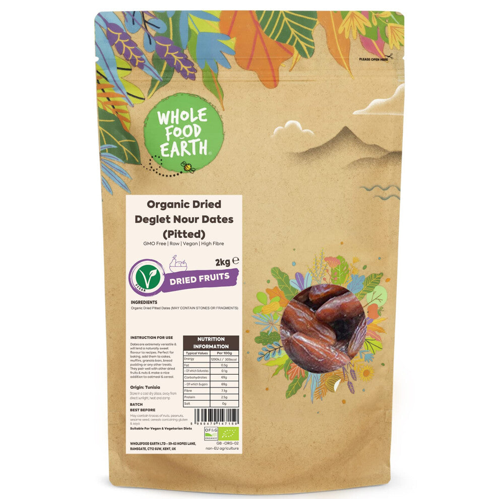 Wholefood Earth Organic Dried Deglet Nour Dates (Pitted) ? 2 kg | GMO Free | Raw | Vegan | High Fibre | Certified Organic