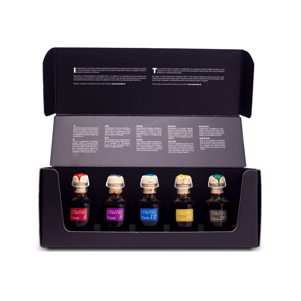 La Secchia - Balsamic Vinegar of Modena IGP, 5 Varieties Tasting Box, Different Levels of Density, Italian Aceto Balsamico Aged in Barrels of 20 to 60