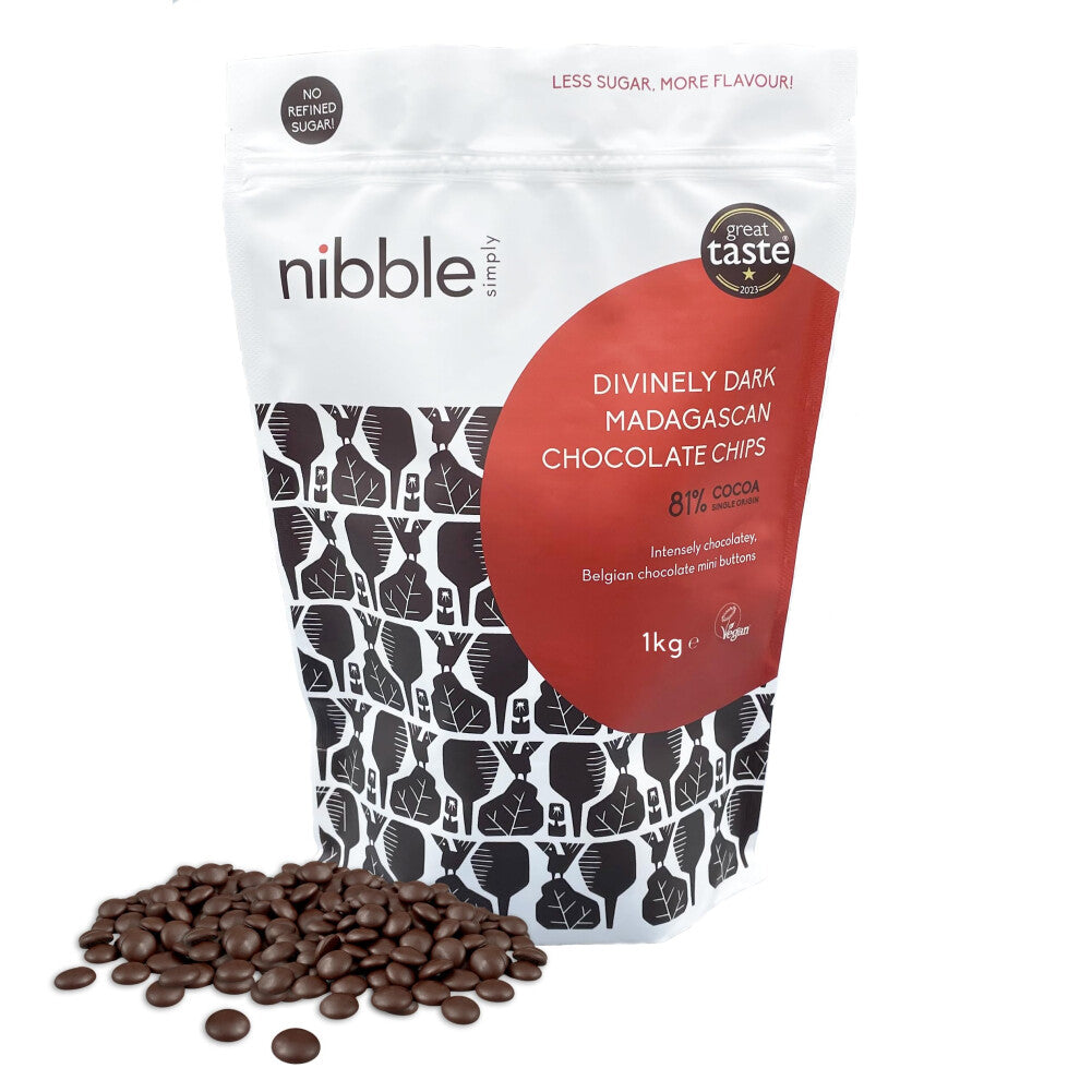 Nibble Simply Divinely Dark Madagascan Chocolate Chips, 81% Cocoa Mass - Single Origin - Vegan - No Refined Sugar (1kg)