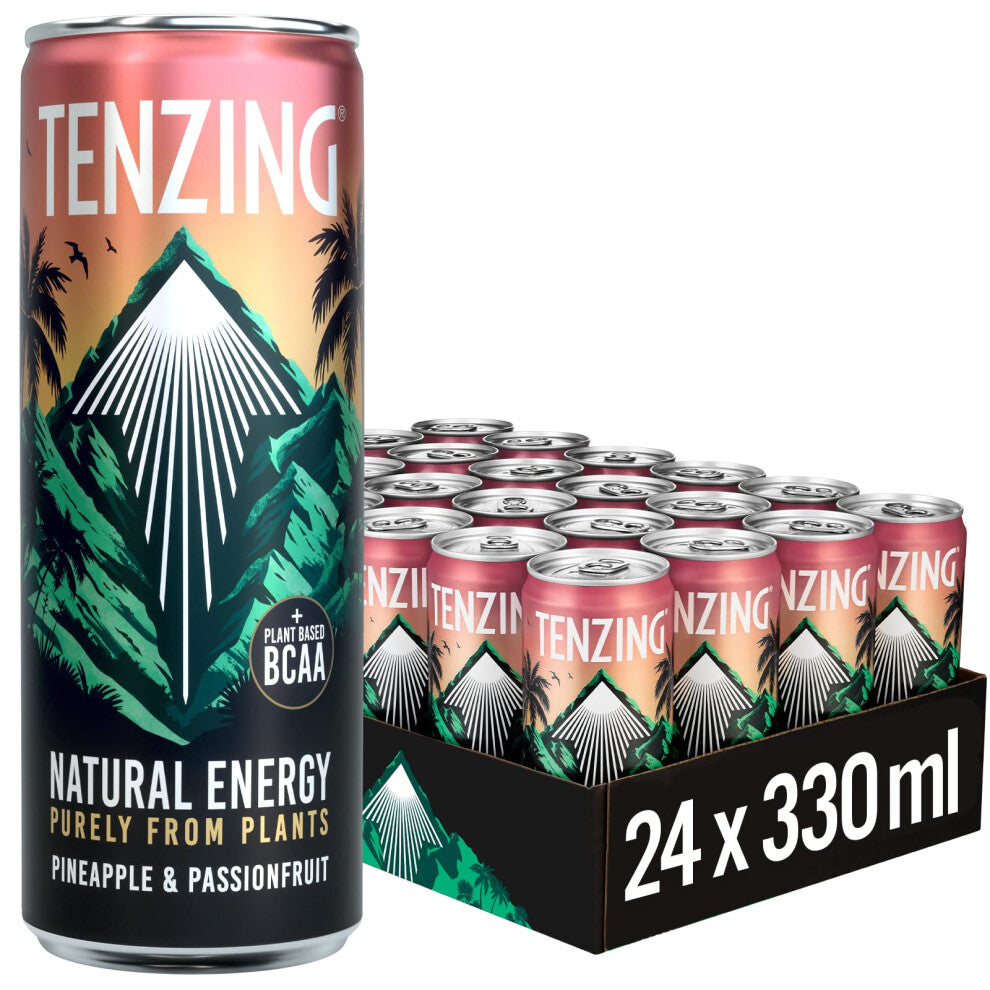 TENZING Natural Energy Drink, Plant Based, Vegan, & Gluten Free Drink, BCAA, Pineapple & Passionfruit, 330ml (Pack of 24) - Packaging may vary
