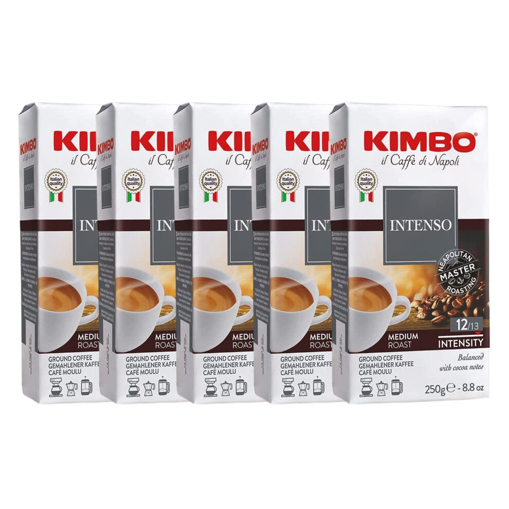 Kimbo Coffee, Espresso Intenso Multipack, Ground Coffee, Medium Roast, 12-13, Italian Coffee, 5 x 250g