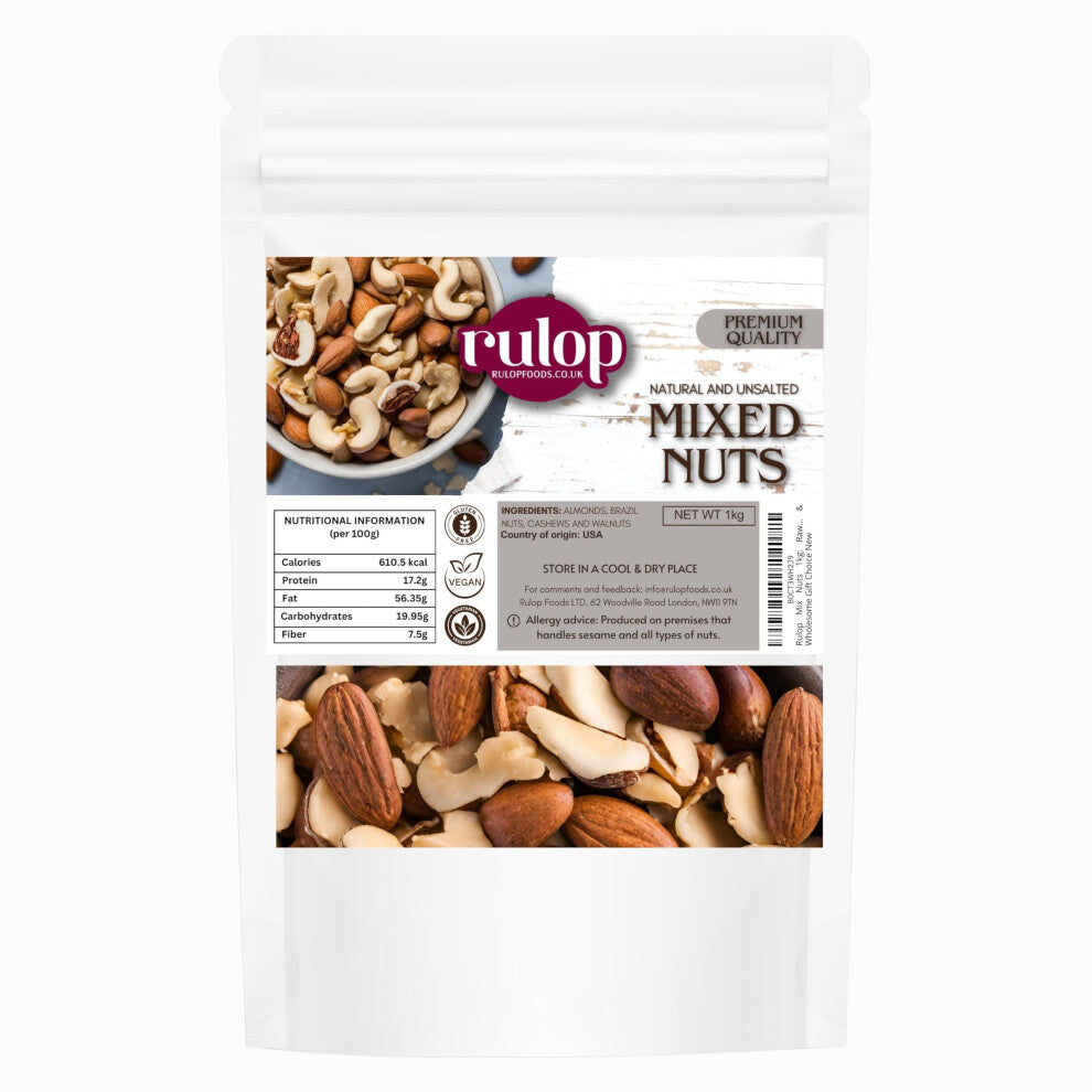 Mix Nuts 1kg: Raw & Unsalted Cashews, Almonds, Walnuts, Brazil Nuts - Nutritious Vegan, Keto, Vegetarian Snack Mix, Bulk Diet Treat & Wholesome Gift