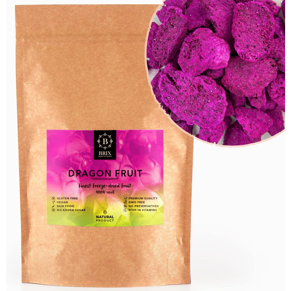 BRIX Freeze Dried Dragon Fruit | 100% Natural Dried Dragonfruit 95g | Great Taste Award Dried Fruit | Non-GMO, Gluten Free, Vegan & Vitamins Retained