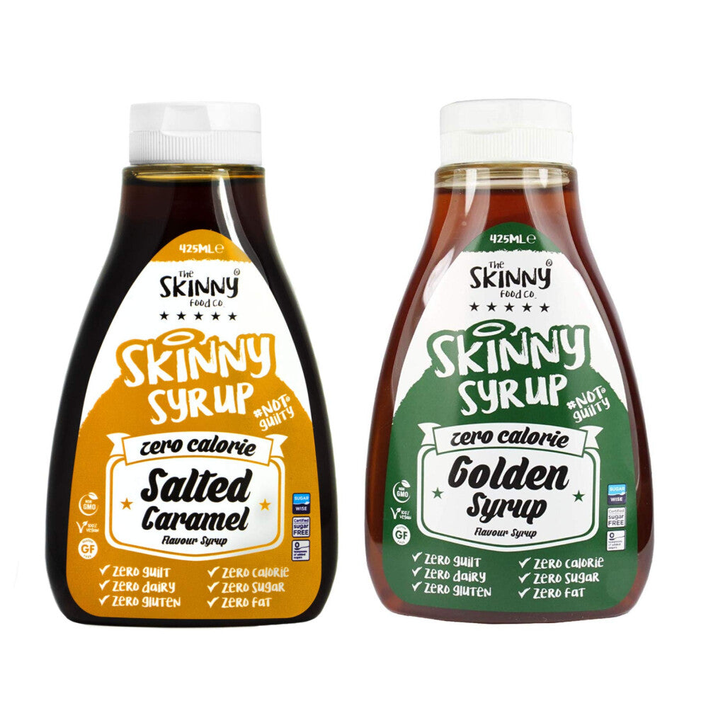 The Skinny Food Co. Syrup Twin Pack SW Salted Caramel Syrup & Golden Syrup Dessert Topping Sugar Free Zero Calories Guilt Free Sauce, Bottle 425ml