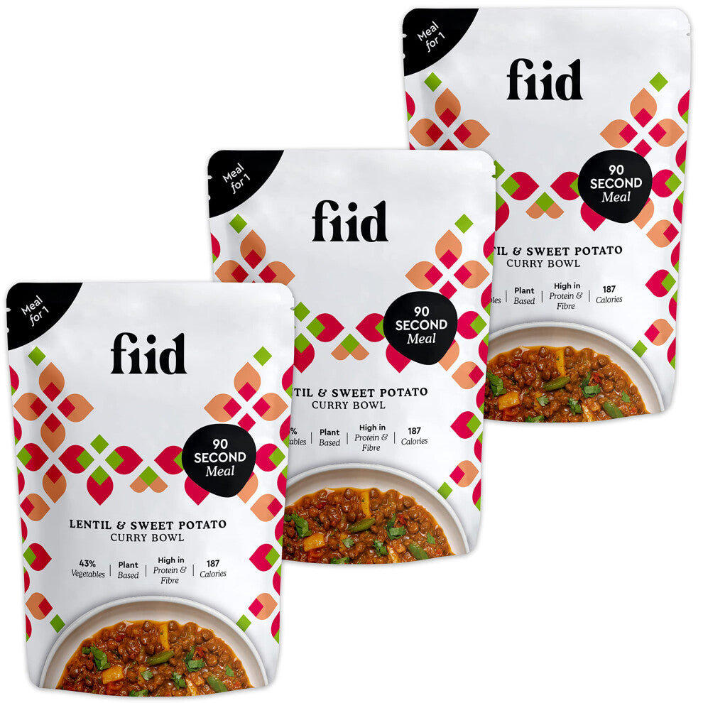 100% Natural Vegan Microwave Ready Meals - Thai Lentil & Sweet Potato Curry - 3 x 275g (Vegetarian Food Pouch, High in Fibre & Protein, Low in Sugar)