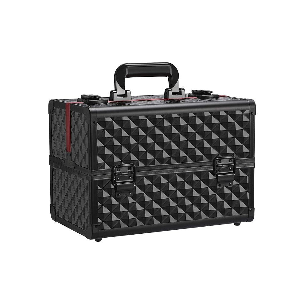 (Black - Red) Makeup Box with 4 Trays Cosmetic Case Jewellery