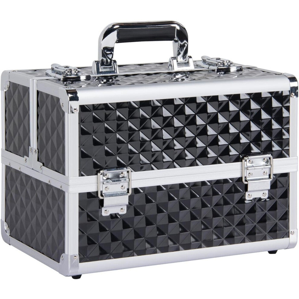 (Black - Silver) Makeup Box with 4 Trays Cosmetic Case Jewellery